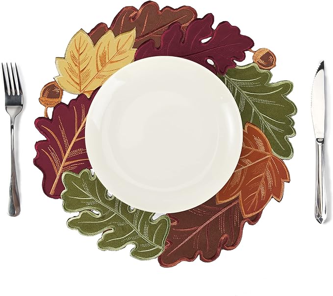 OWENIE Thanksgiving Table Doilies for Fall Home Decoartion, 15 Inch Round Placemats for Dining Table, Set of 4 PCS Harvest Maple Leaves Embroidered Table mats for Autumn