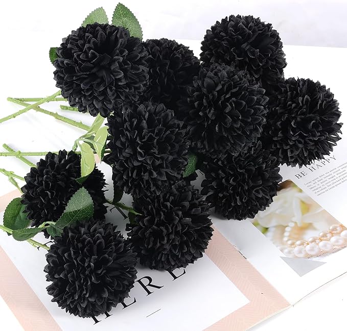 Hananona 12 Pcs Artificial Chrysanthemums Flowers Ball Flower, Fake Mums Flowers Black Silk Plants for Ghothic Home Decor Indoor Floral Arrangement Halloween Table Centerpiece (12, Black)