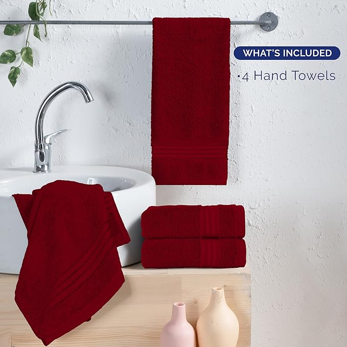 Elegant Comfort Premium Turkish Cotton 4 Pack Hand Towel Set - 16 x 28 inch, Luxurious Hotel Spa Quality 100% Turkish Cotton 4PC Hand Towel Set - Highly Absorbent - Soft Bathroom Towels, Burgundy