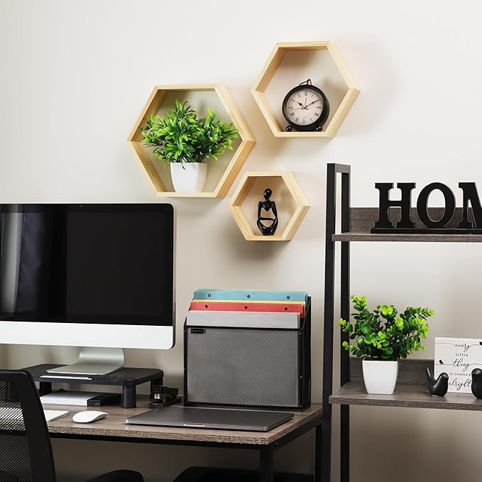 Mind Reader Hexagon Floating Shelves, Set of 3, Wall Decor, Honeycomb Accent Shelf, Cabinet Organizer, Office, Bamboo, 13.75" L x 3.125" W x 12" H, Brown