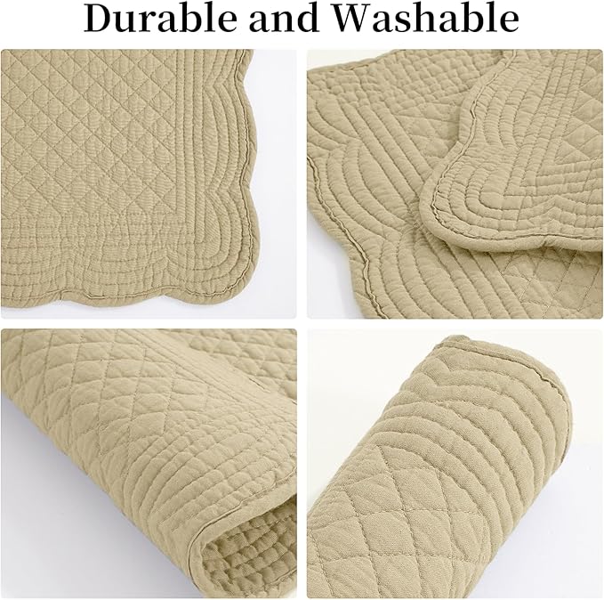HOMBYS Quilted Placemats Set of 6 Washable-13x18 inches Rectangular Placemats for Kitchen Table-100% Cotton Fabric Rectangular Table Mats, (Khaki)
