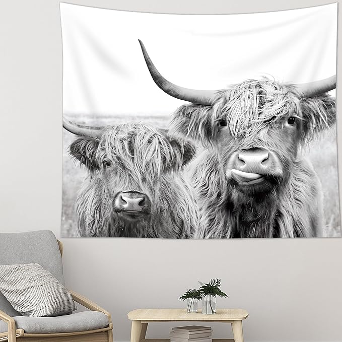 AMBZEK Two Cows Tapestry 51Hx59W Inch Bull Highland Cow Western Farmhouse Farm Country Rustic Cattle Animal Wildlife Funny Cute Milk Artwork Modern Wall Hanging Bedroom Living Room Dorm Decor Fabric