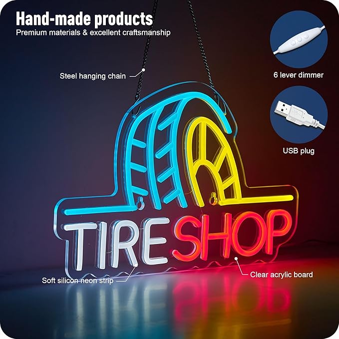 Tire Shop Neon Sign Garage Tire Store LED Light for Wall Decor Auto Supplies Car Service Repair Workshop USB Powered Dimmable 16.5 x 11 inches