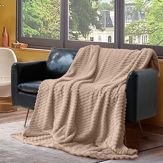 Vessia Flannel Fleece Throw Blanket(50x70 inch), 3D Jacquard Camel Fuzzy and Warm Blanket for Couch,Sofa,Bed,Chair, 300GSM Super Soft Touch Cozy Lightweight Light Brown Throw For All-Season Home Decor