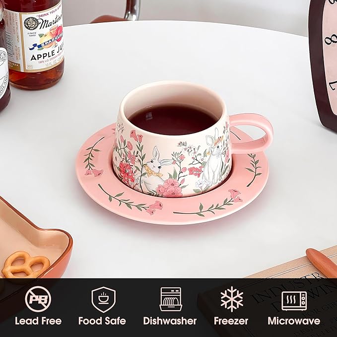Cute Ceramic Coffee Mug with Saucer Set, 9oz Rabbit Pink Tea Cup with Floral Design, Latte Art Mugs for Coffee Tea Hot Chocolate, Gift for Women, Mom, Friend, Mothers Day Gifts