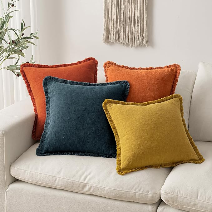 MIULEE Decorative Throw Pillow Covers Neutral Linen Fringe Throw Pillows Set of 2 Burnt Orange Boho Farmhouse Cushion Covers with Tassels for Couch Sofa Bed Living Room Home Decor 26x26 Inch