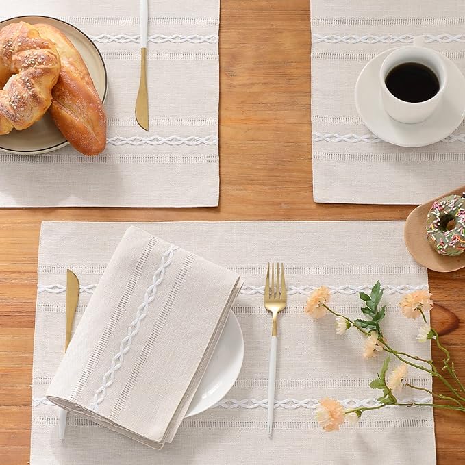 Wracra Cotton Linen Placemats, 12 x 18 Inch Set of 4 Fete Placemats Rustic Hemstitch Place Mats for Kitchen Table and Heat Resistant-Ivory