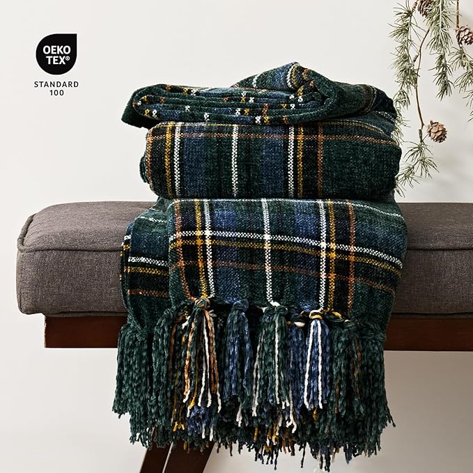 EVERGRACE Stewart Green Christmas Plaid Chenille Throw Blanket for Couch, Super Soft Cozy Tartan Checkered Throw Blanket with Tassels, Lightweight Plush Chenille Throw for Christmas Decor, 60"x80"