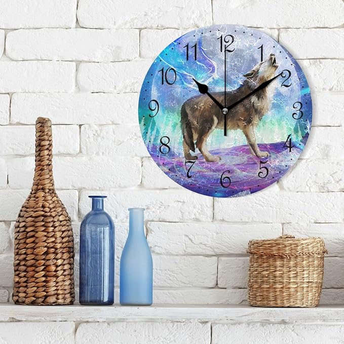 ALAZA Wall Clock Wolf Moon Silent Non-Ticking Decorative Wall Clocks Battery Operated 10 Inch for Home Living Room Kitchen Bathroom Bedroom