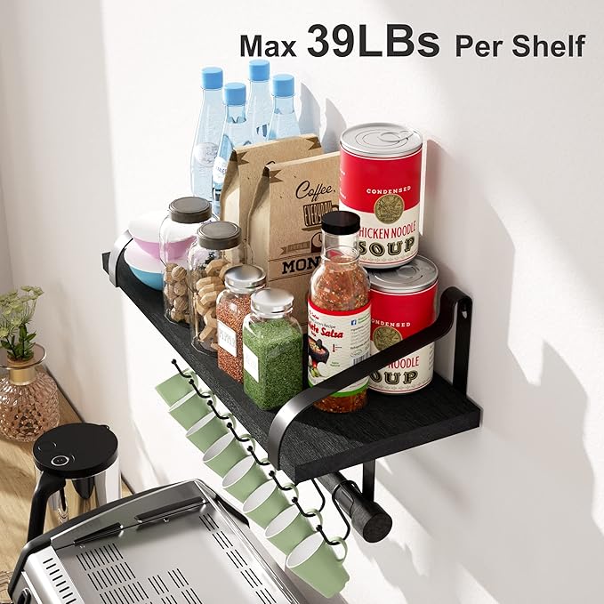 Love-KANKEI Floating Shelves for Coffee Bar,Bathroom Shelves with Towel Bar, Wall Shelves with 8 Hooks for Kitchen, Storage Shelf Set of 2 for Bedroom,Living Room,17.3 Inch Black