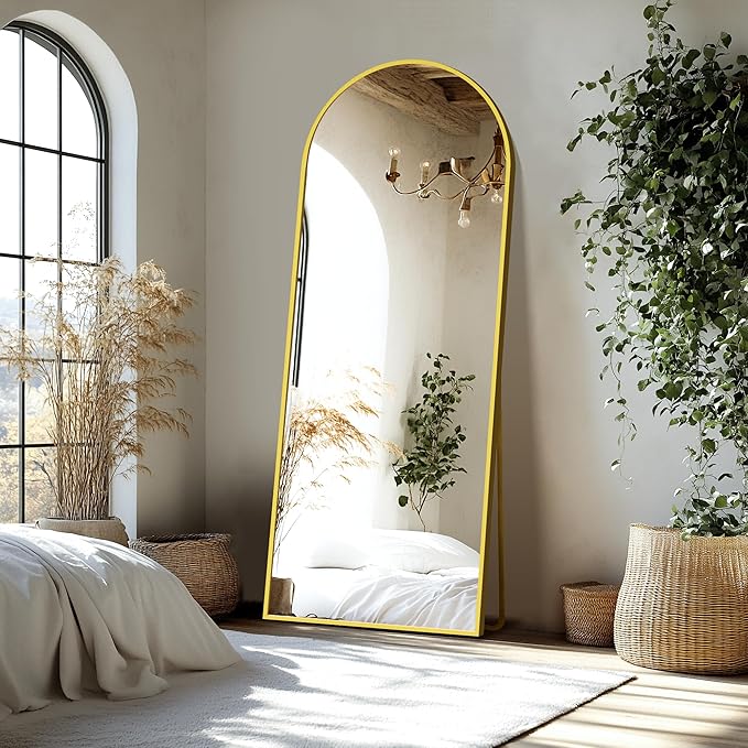 Delma Wall Mirror Full Length Mirror,Standing Mirror Full Body,Large Floor Mirror for Wall Door Bedroom Bathroom Living Room with Aluminium Frame(with Stand,Arch 69x24-Gold)