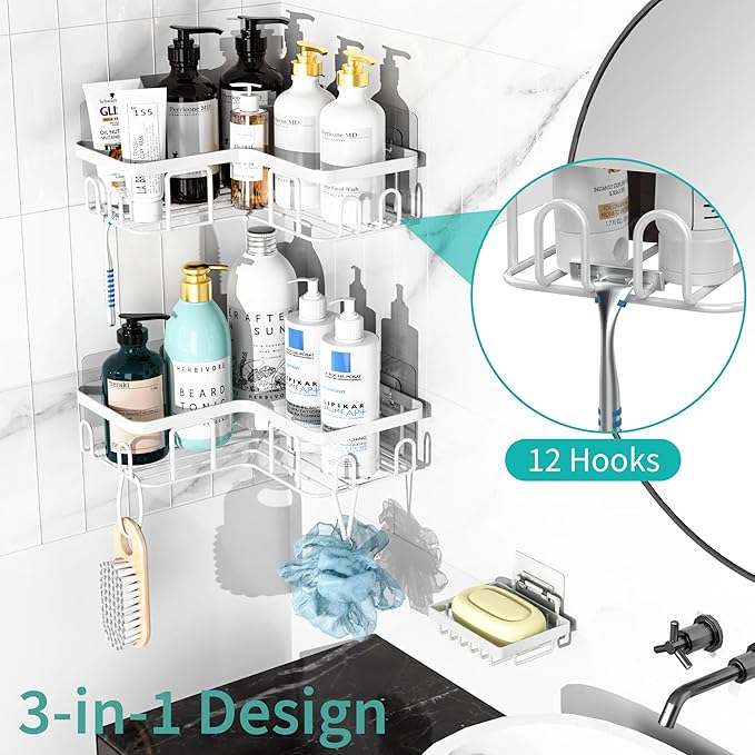 Moforoco Corner Shower Caddy, 3 Pack Organizer with Soap Holder and 12 Hooks, Adhesive Shelves Rustproof for Bathroom, Storage Basket with Accessories (White)