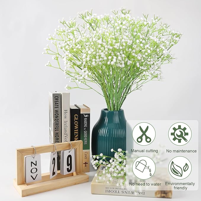 N&T NIETING 10Pcs Artificial Baby Breath Flowers White with Long Stem, Real Touch Silk Gypsophila Bouquets Bulk for Wedding, DIY Floral Arrangements, Home & Office Decor, Party Centerpieces, White