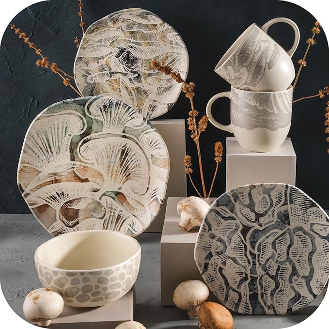 Corona 16–piece Earth Tones Fungi Mushroom Design Ceramic Dinnerware Sets | Plates Bowls and Mugs Set | Service For 4 | Ziba