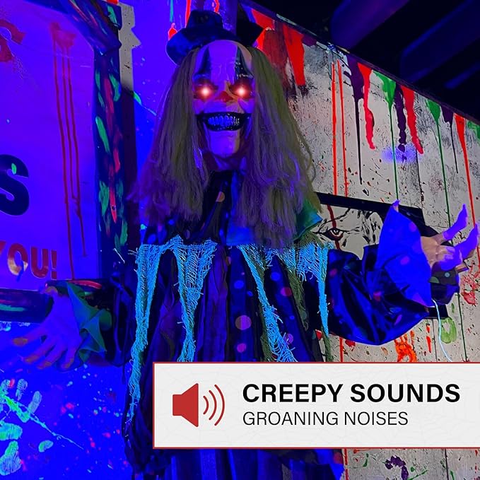 Haunted Hill Farm Lifesize Animatronic Scary Talking Clown with Touch Activated Lights and Sound, Battery-Operated Indoor or Covered Outdoor Halloween Decoration