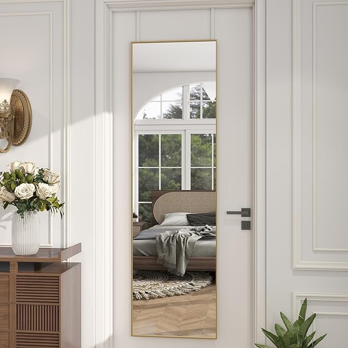 Over The Door Full Length Mirror, Wall Mounted 14"x 48" Full Body, Back of Door Hanging for Bedroom Living Room, Gold