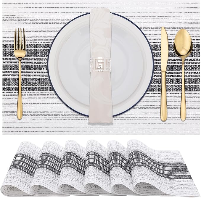 Winknowl Placemats, Set of 6 Heat Resistant Stain Resistant Woven Vinyl Insulation Place mats, Durable Washable Elegant Table Mats for Dining (White)