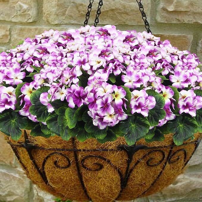 2 Pcs Artificial Geraniums for Outdoor Silk Geranium Flowers Purple Artificial Geranium Bush Faux Flowers Geraniums Branch for Garden Patio Cemetary Vase Table Centerpiece Indoor Decor