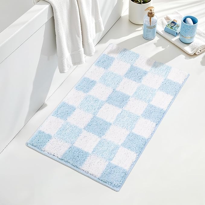 GRANNY SAYS Checkered Blue Bathroom Rugs, 32" x 20", Non-Slip Bath Mats for Bathroom, Plush Shag Absorbent Microfiber Ultra Soft Bath Mat, Cute Washable Rug for Tub, Shower, Bedroom