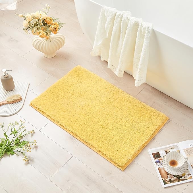 CozeCube Upgraded Shaggy Bath mat for Bathroom Non Slip 20" X 32", Super Soft Quick Dry Bath Rugs, Fluffy Plush Bathroom Rugs Machine Washable, Bright Yellow