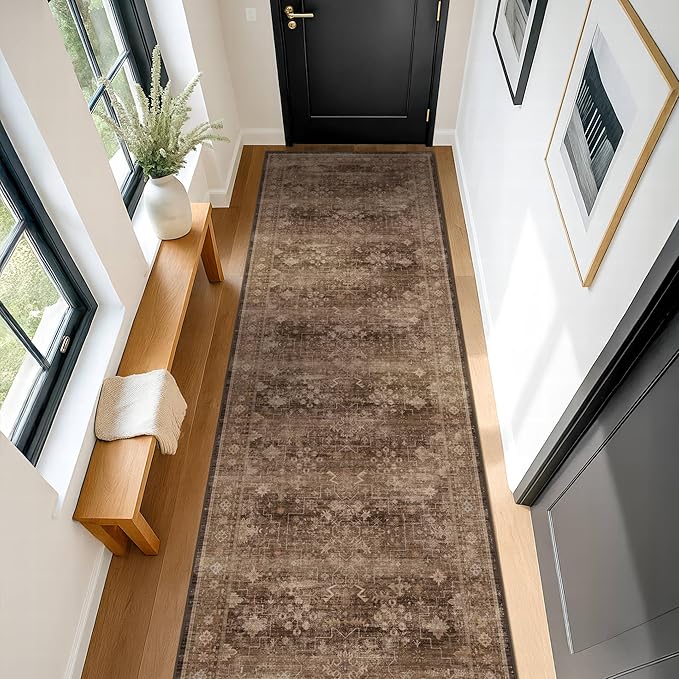 Brown Washable Long Runners for Hallways, 2x10 Wide Kitchen Runner Rug, Entryway Indoor Rug, Non Slip Rubber Backing Boho Vintage Dark Floor Decor