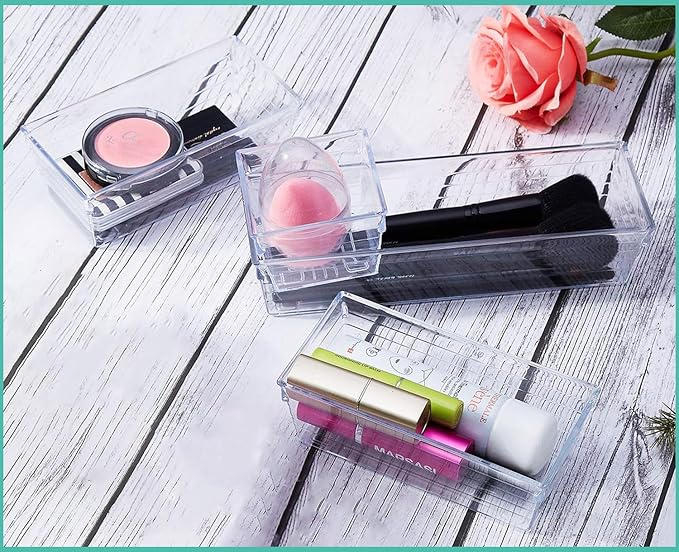 6 Pack Clear Drawer Organizer, Acrylic Drawer Storage Trays, Storage Bins for Makeup, Cosmetics, Jewelries, Utensils, Gadgets, Office