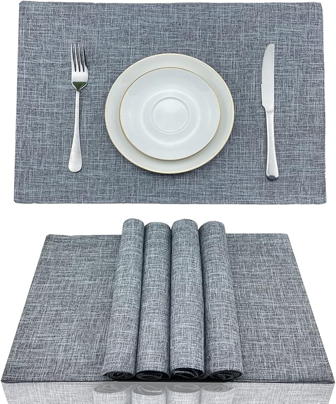 Weabetfu Cloth Placemats Set of 4 Heat Resistant Dining Table Placemmats Cotton Linen Machine Washable Kitchen Table Mats Wrinkle Free Thick Fabric Place Mats,Easy to Clean,13" x 19" Gray