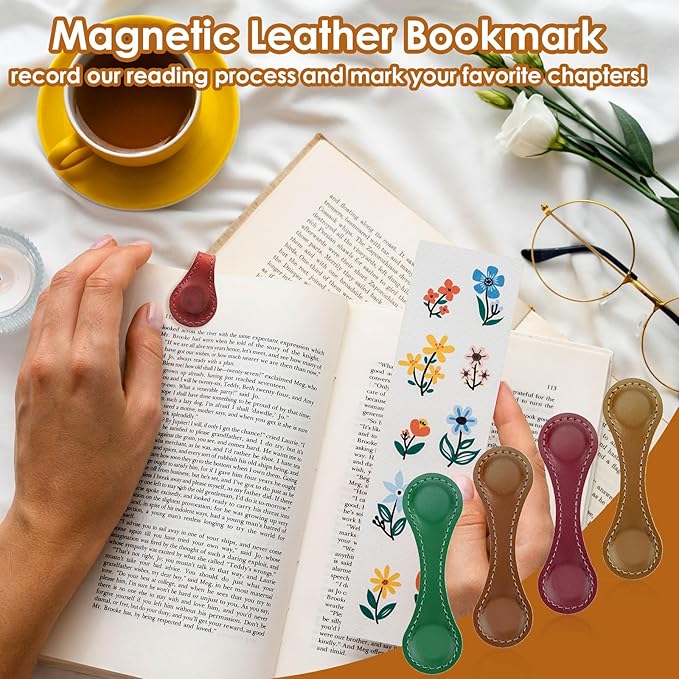 Personalized Leather Magnetic Bookmark With Double-Sided Page Markers, Clips and Buckles - Reading Supplies for Book Lovers (4 Pcs)
