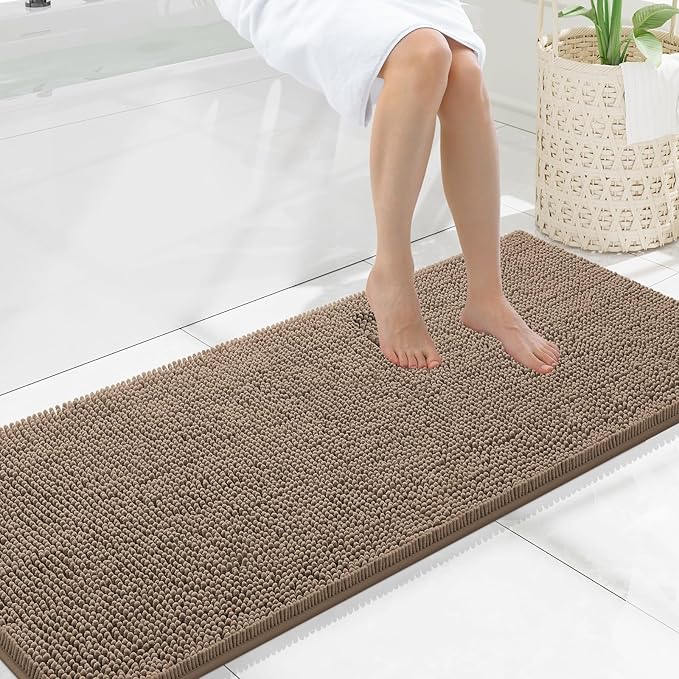 Smiry Luxury Chenille Bathroom Rugs 59x20, Extra Soft and Absorbent Shaggy Bath Mat, Machine Washable, Non-Slip Plush Carpet Runner for Tub, Shower, and Floor, Home Decor Accessories, Camel