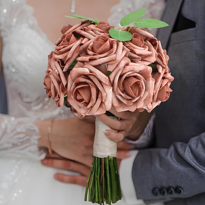 Artificial Flowers Warm Taupe Roses 50PCS Real Looking Foam Fake Roses with Leaves and for DIY Wedding Bouquets Bridal Shower Centerpieces Party Decorations (Warm Taupe)