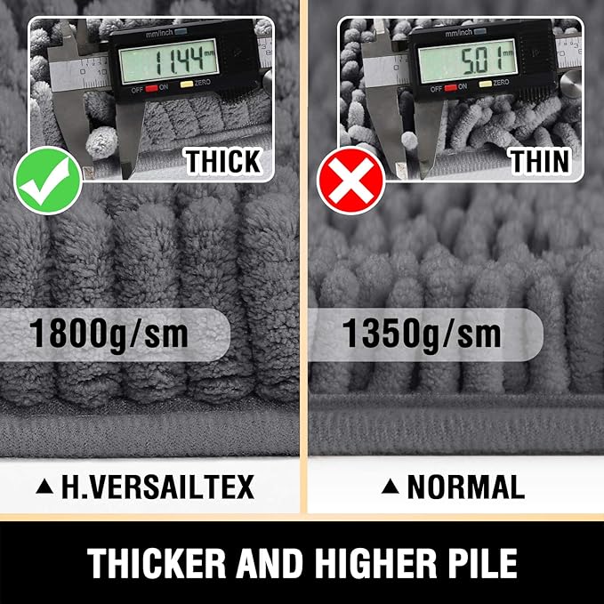 H.VERSAILTEX Luxury Chenille Bathroom Rugs - Non-Slip Bath Mats, Extra Soft Absorbent Shaggy, Washable Fast Dry 2 Piece Set (Grey, 20" x 32"/17" x 24")