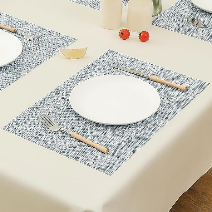 Leetaltree Jacquard Blue Placemats Set of 12 - Heat Resistant Non-Slip Place mats for Dining Table, Washable Durable PVC Vinyl Woven Table Mats(Jacquard Blue, 12)