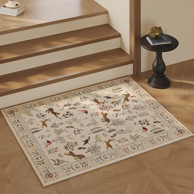 Door Mat Indoor Entrance 2x3 Rug Machine Washable Boho Floral Animal Small Area Rug Non-Slip Low Pile Throw Rugs for Entryway, Kitchen, Front Door Indoor Entrance, Entry, Kids Room (Beige)