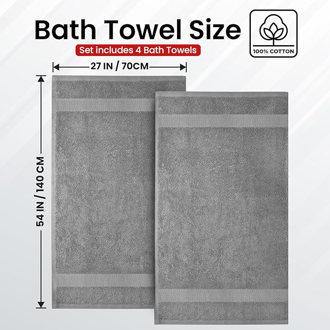 Infinitee Xclusives Luxury 100% Ring-Spun Cotton Bath Towels Set of 4 (27x54 inches) – Soft, Absorbent & Quick-Drying Towels for Bathroom, Gym, Spa & Hotel Use (Charming Grey)