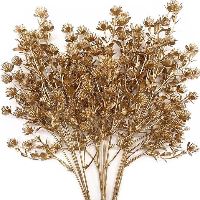 Christmas Artificial Flowers, Golden Baby Breath Gypsophila Plastic Plant Fake Plants for Wedding Bridal Bouquet Party Indoor DIY Home Office Table Centerpieces Arrangements Decoration - Gold 3 Pack