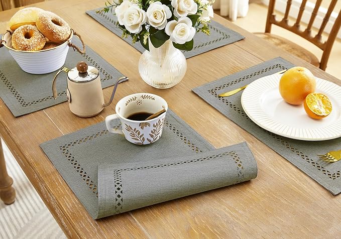 Burlap Placemats Set of 4, 12 x 18 Inch Rustic Geometric Hollow Place Mats, Heat Resistant Placemats for Farmhouse Kitchen Table Decor, Grey 4PCS