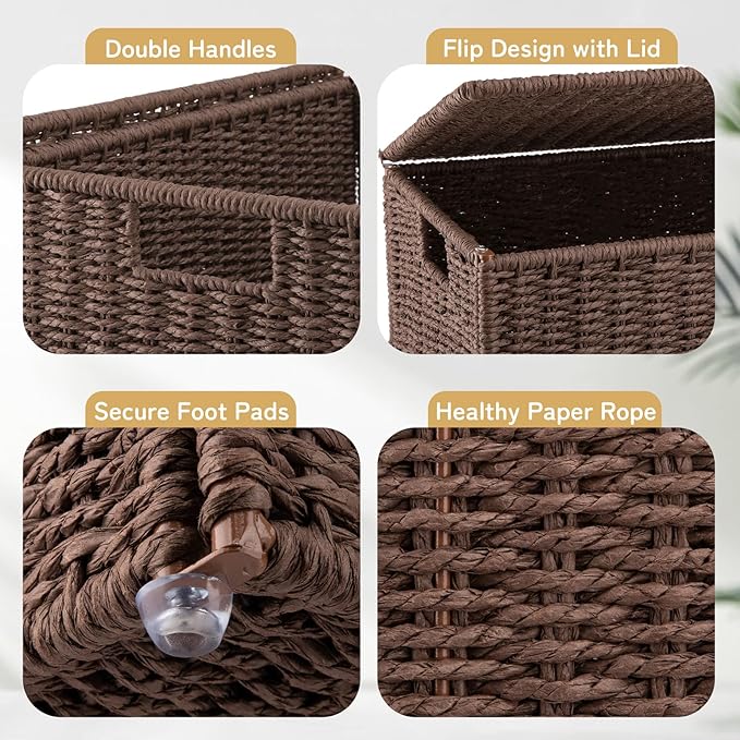 OIAHOMY Laundry Hamper with Lid, 17.2 Gal (65L) Wicker Hamper with Removable Liner Bag, Handwoven Clothes Basket with Handles, Foldable Paper Rope Basket for Laundry Room, Bedroom-Brown