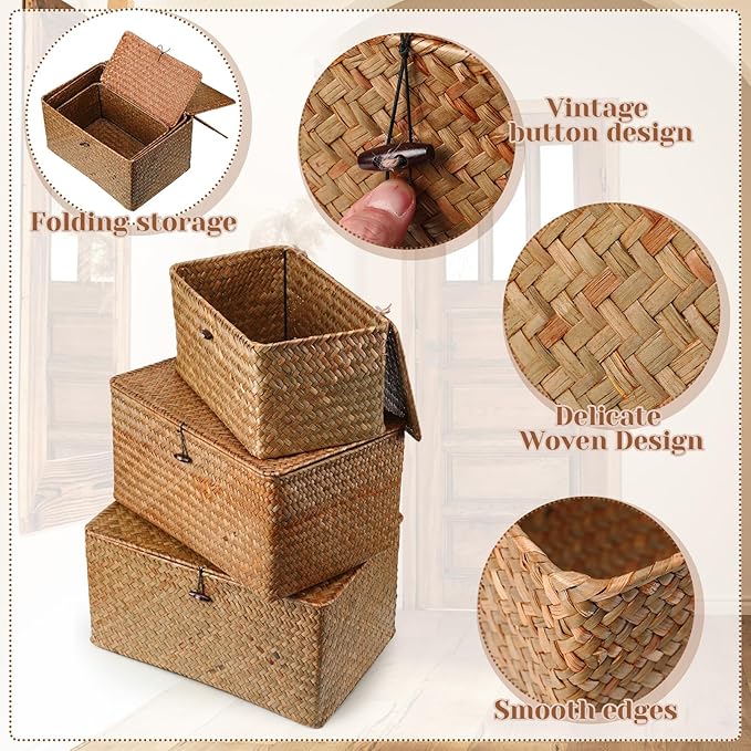 Kigley 6 Pcs Seagrass Basket with Lid Wicker Storage Decorative Boxes with Lids Bin Woven Organizer for Shelf Closet Bedroom, 6 Sizes(Classic Style,Dark Brown)