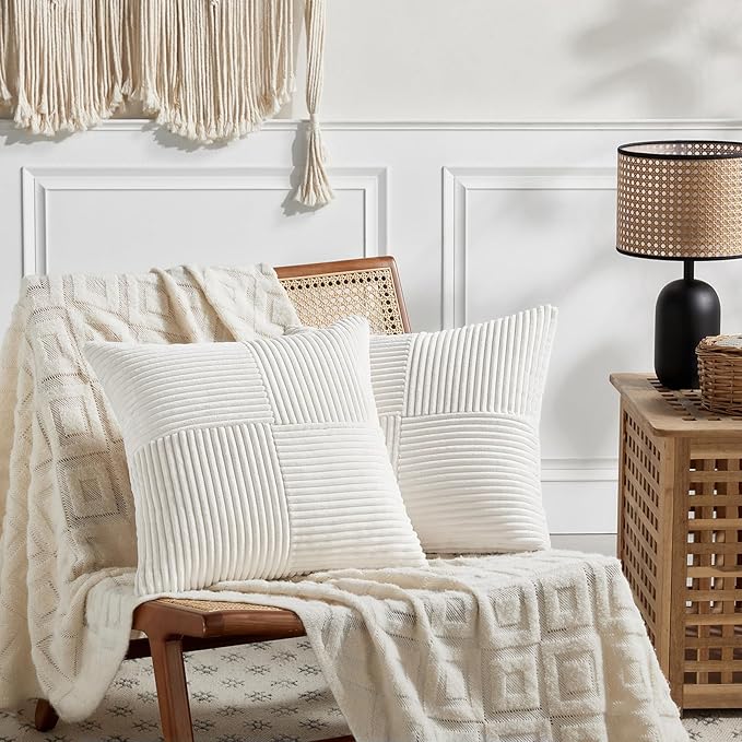 Fancy Homi 2 Packs Cream White Samll Decorative Throw Pillow Covers 12x12 Inch with for Couch Bed Sofa, Rustic Farmhouse Boho Home Decor, Soft Corss Patchwork Corduroy Square Cushion Case 30x30 cm