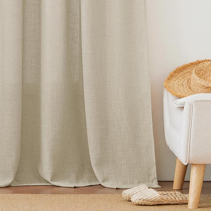 RYB HOME Beige Linen Curtains for Living Room, Rod Pocket Soft Thick Linen Burlap 72 Inch Length Light Filtering Privacy Assured for Home Office Dining Room, W 34 x L 72 inches, 2 Panels Set