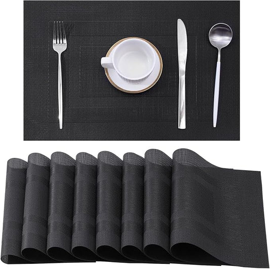 Leetaltree Black Frame Placemats Set of 8 - Heat Resistant Non-Slip Place mats for Dining Table, Washable Durable PVC Vinyl Woven Table Mats(Black Frame, 8)