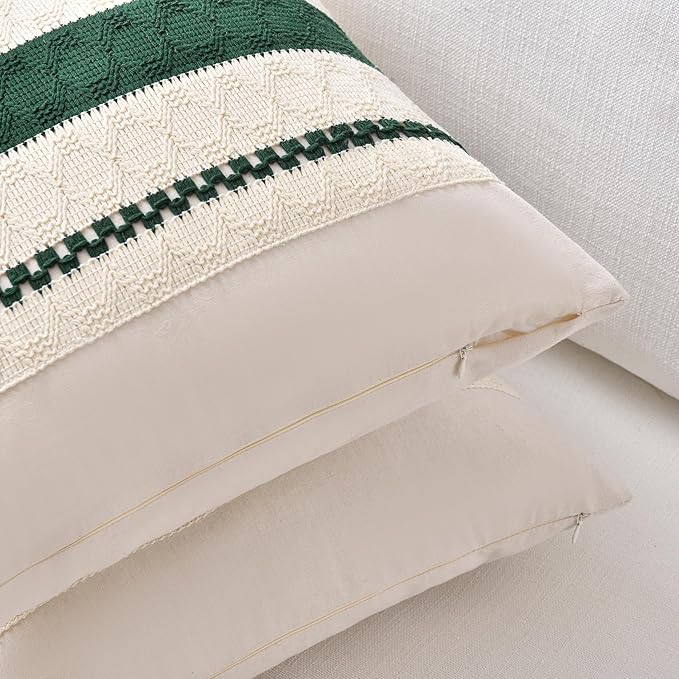Fancy Homi Set of 2 Dark Green Boho Decorative Throw Pillow Covers 18x18 Inch for Couch Bed Sofa Bedroom Indoors, Modern Farmhouse Vintage Forest Green Living Room Decor