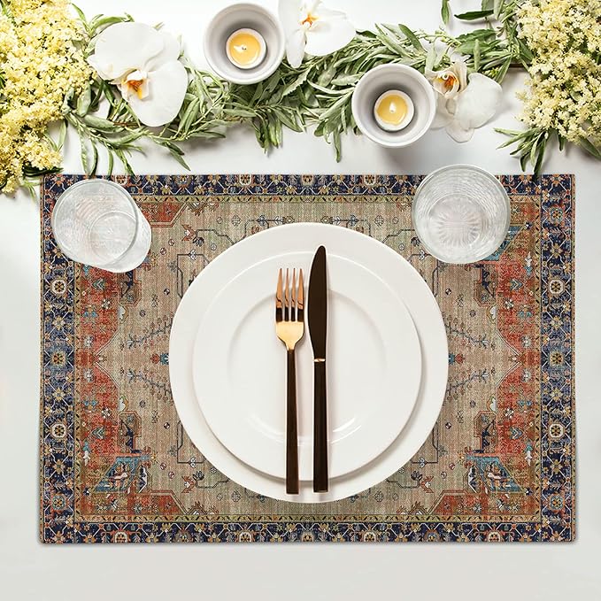 Aztec Terracotta Boho Placemats Set of 6 Vintage Rust Retro Carpet Linen Washable Kitchen Dining Table Mats Stain Heat-Resistant Desktop Decor Place Mats for Home Party Indoor 12x18 Inches