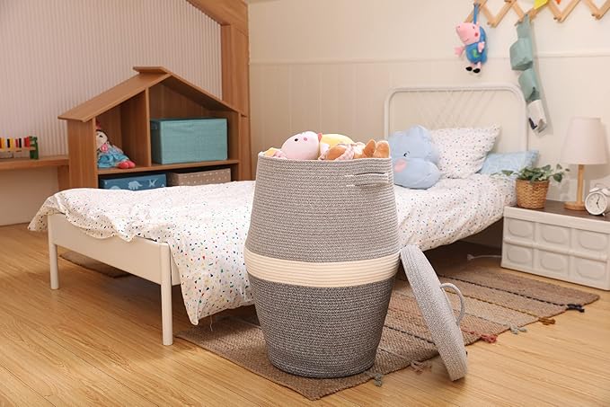 26" x 20" Tall Extra Large Storage Basket with Lid, Cotton Rope Storage Baskets, Woven Laundry Hamper with Cover, Cloth Storage Bin, for Clothes Towels in Living Room, Dual Grey