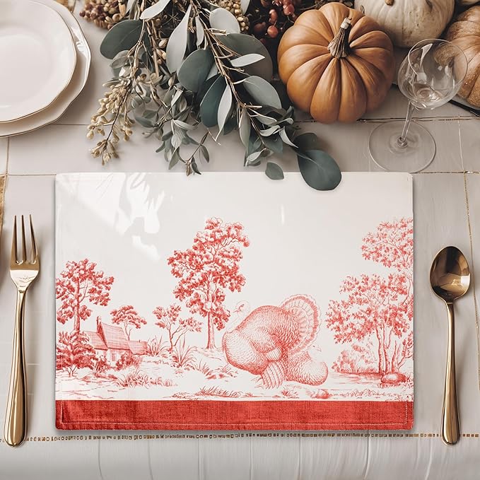 Maison d' Hermine Placemats Set of 4 100% Cotton Washable Cloth Place Mats, Reusable Table Mats for Kitchen Dining Decoration, Party, Wedding, Restaurant (Holy Jouy - Red, 13" x 19")