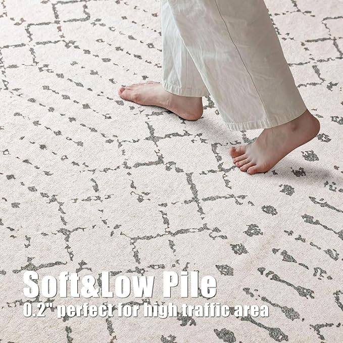 Extra Large Area Rug 10x14 Area Rugs for Living Room, Washable Rugs Moroccan Boho Farmhouse Rug with Non-Slip Backing, Soft Low Pile Floor Carpet Neutral Rug for Bedroom Dining Room, Off White/Grey