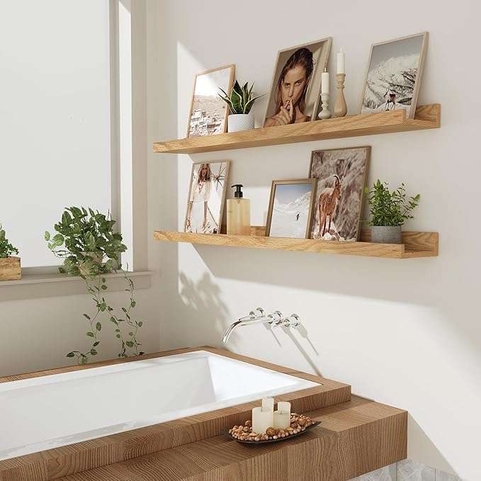 Oak Floating Shelves Wall Mounted Set of 2, Rustic Large Wall Shelves for Storage with Lip, Display Picture Ledge with Lip for Storage, Bedroom, Living Room, Bathroom,Nursery Display