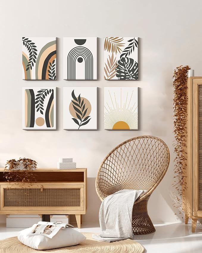Boho Wall Art , Minimalist Wall Art , Boho Room Decor, Bohemian Moon Phases Wall Painting For Living Room Bedroom Kitchen Office Home Decor Set of 6, 8x10in (Framed)