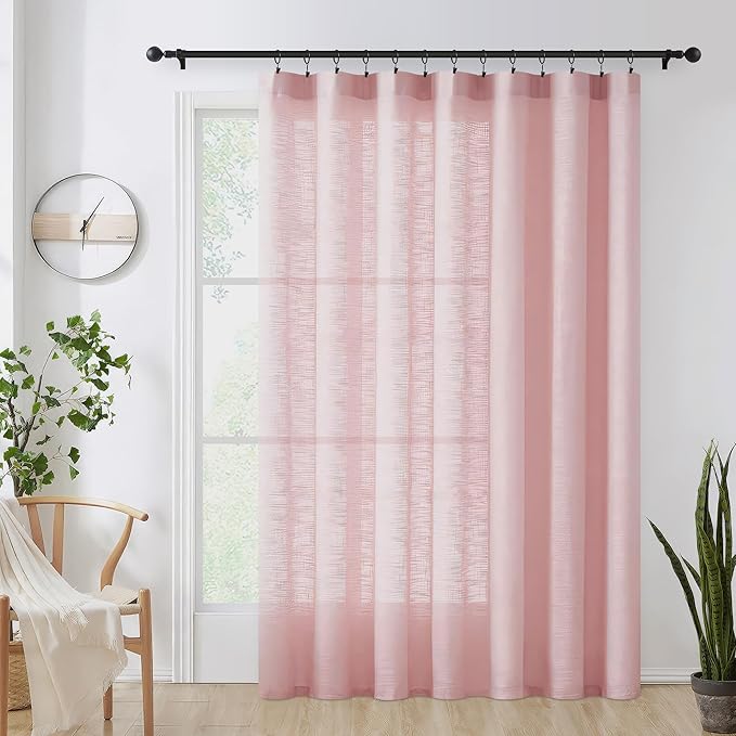 FMFUNCTEX Pink Sliding Door Curtains 84" Living Room Linen Semi Sheer Curtains 100" Width Extra Wide Room Divider Bedroom Drapes Linen Textured Semi Sheer Window Panels Blush Pink Rod Pocket 1 Panel