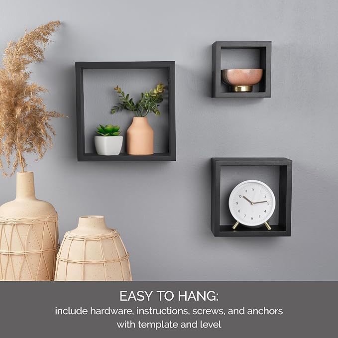 MELANNCO Floating Wall Square Cube Shelves for Bedroom, Living Room, Bathroom, Kitchen - Wood, Set of 3, Black, 5007043